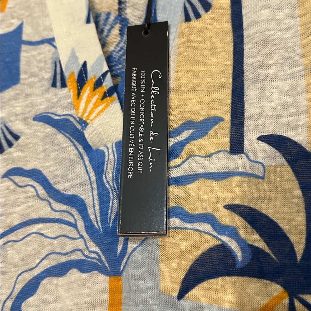 NEW Nicole Miller NewYork Linen Vibrant Blue Yellow Tropical Floral Print Shirt - Picture 3 of 6